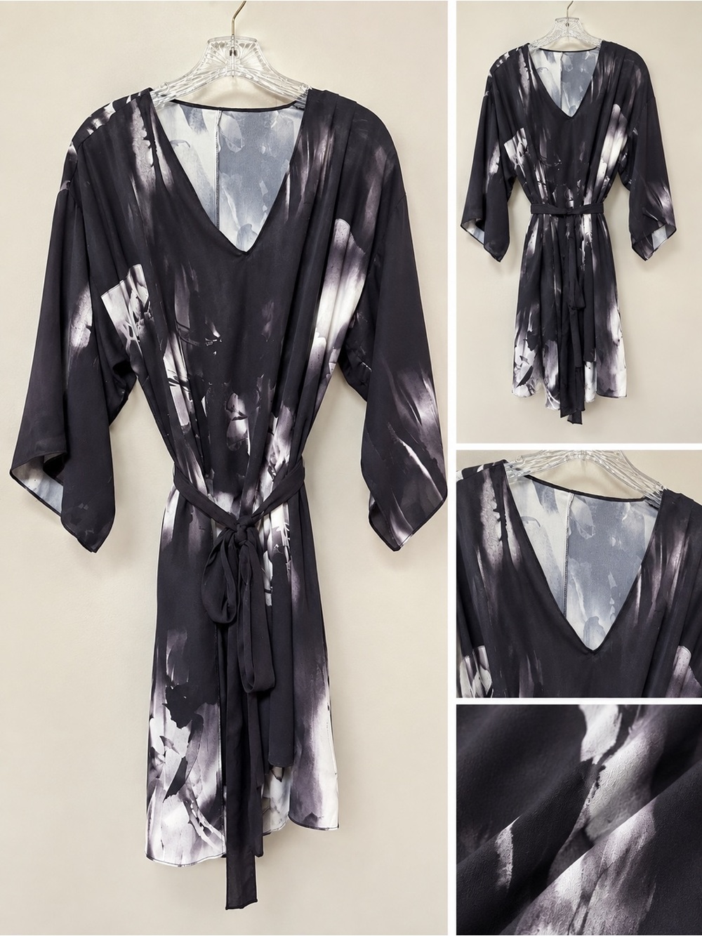 Halston Heritage Black & White Abstract Tie-Waist Midi Dress